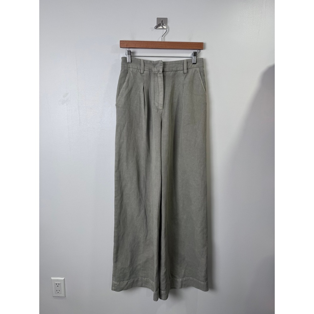 Falconeri Women Sage Green Cotton Linen Wide Leg Pleated Pants Size Small